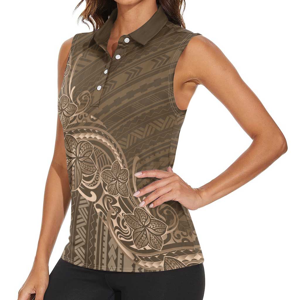 Brown Polynesia Plumeria Tattoo Women Sleeveless Polo Shirt