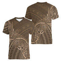 Brown Polynesia Plumeria Tattoo Women V-Neck T-Shirt
