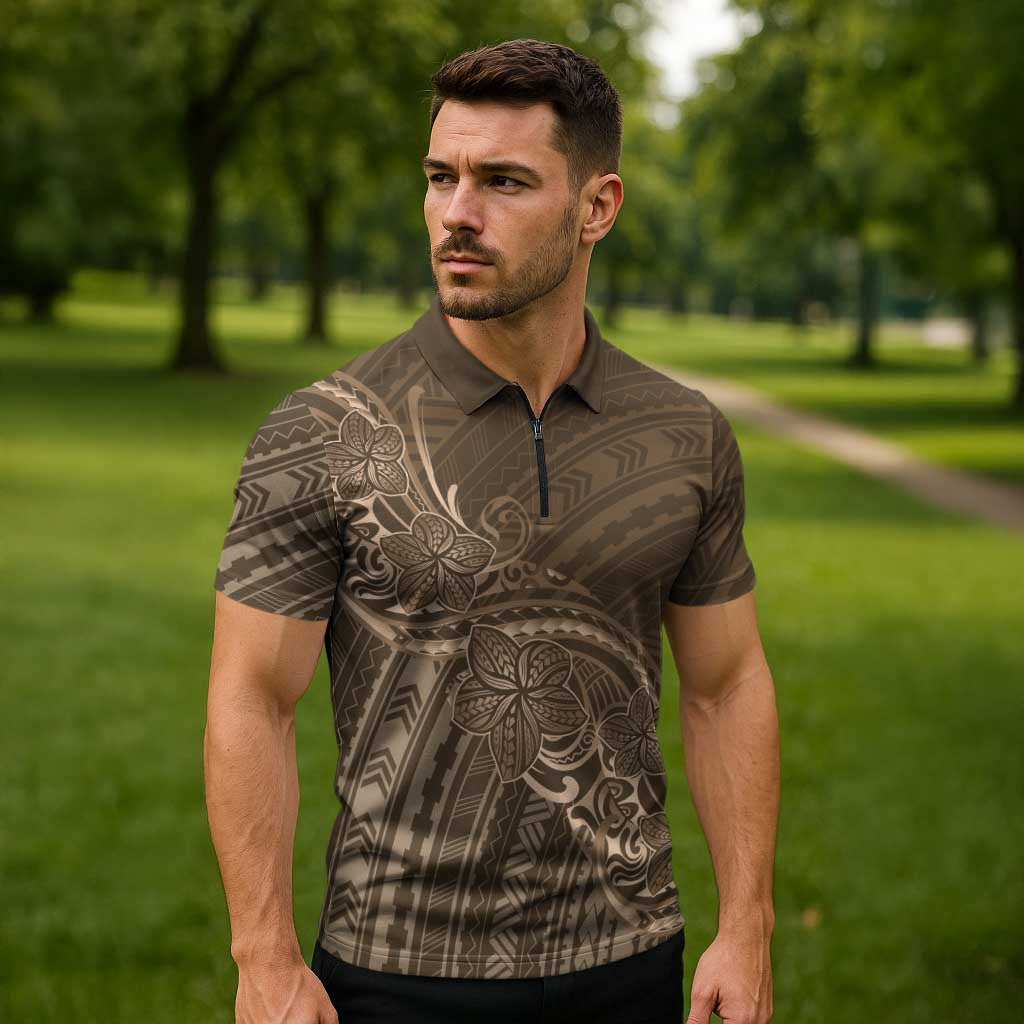 Brown Polynesia Plumeria Tattoo Zipper Polo Shirt