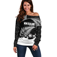 Custom New Zealand Silver Fern Petanque Off Shoulder Sweater Aotearoa Maori Pattern LT14 Women Black - Polynesian Pride