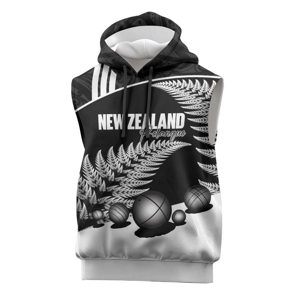 Custom New Zealand Silver Fern Petanque Sleeveless Hoodie Aotearoa Maori Pattern LT14 Black - Polynesian Pride