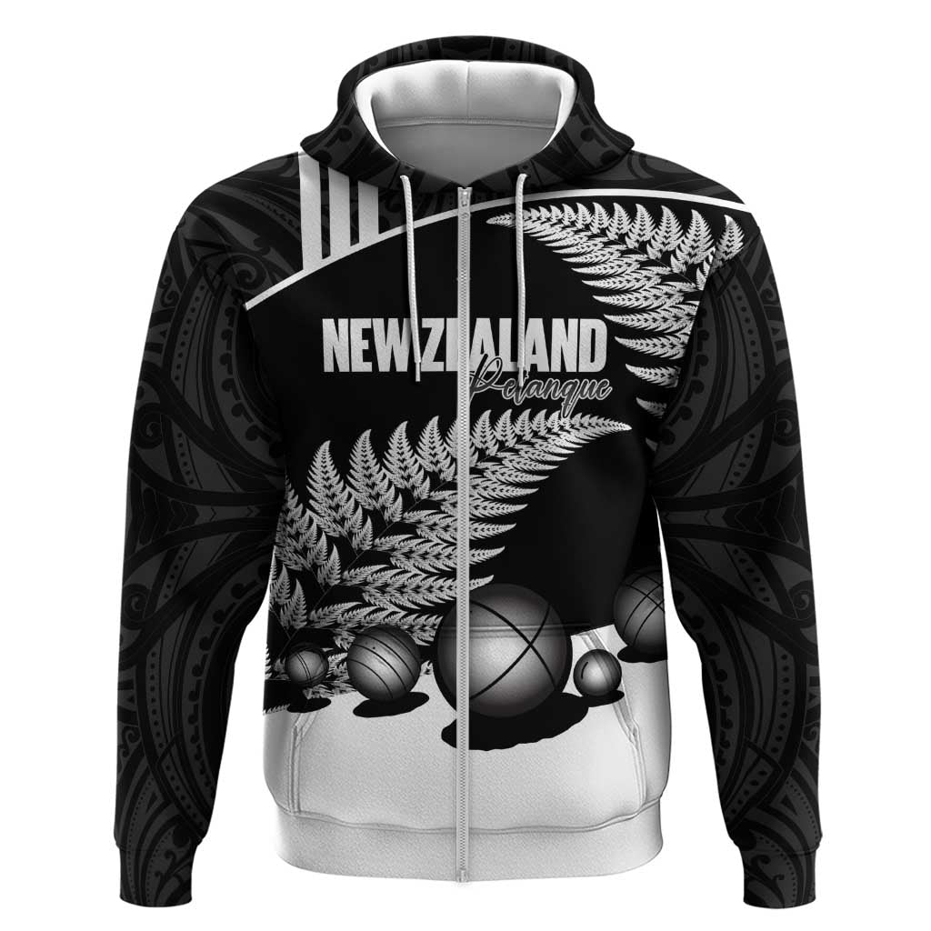 Custom New Zealand Silver Fern Petanque Zip Hoodie Aotearoa Maori Pattern
