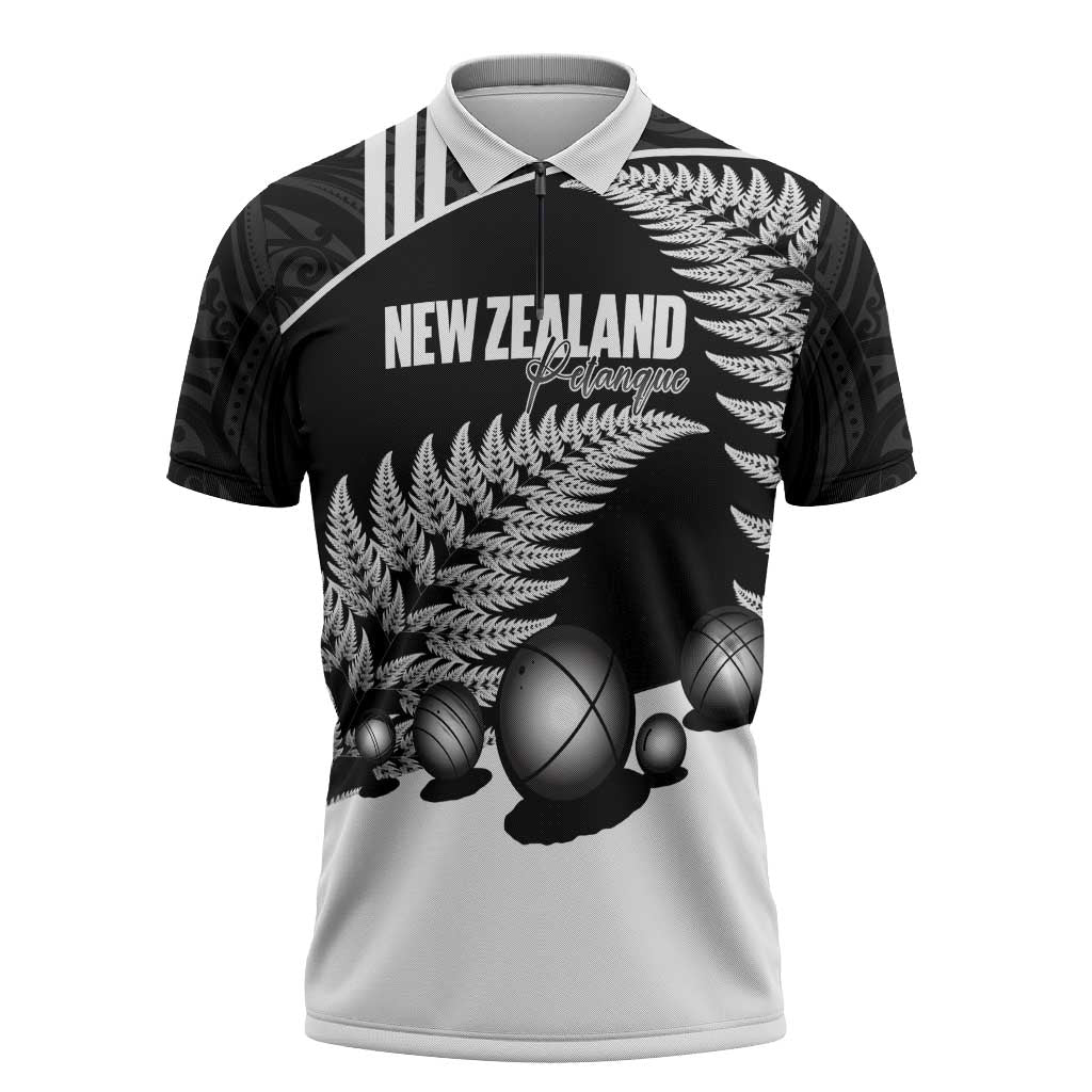 Custom New Zealand Silver Fern Petanque Zipper Polo Shirt Aotearoa Maori Pattern LT14 Black - Polynesian Pride