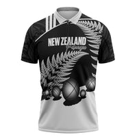 Custom New Zealand Silver Fern Petanque Zipper Polo Shirt Aotearoa Maori Pattern LT14 Black - Polynesian Pride