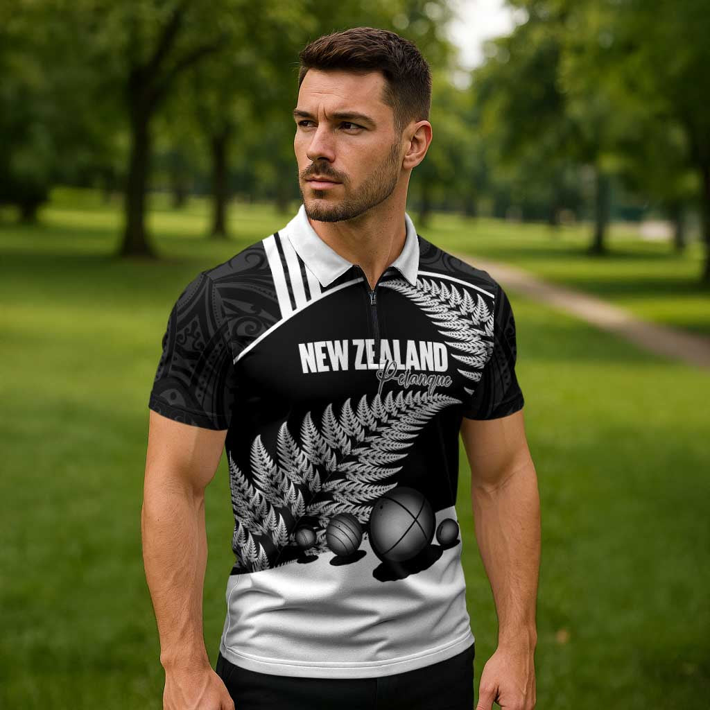 Custom New Zealand Silver Fern Petanque Zipper Polo Shirt Aotearoa Maori Pattern LT14 - Polynesian Pride