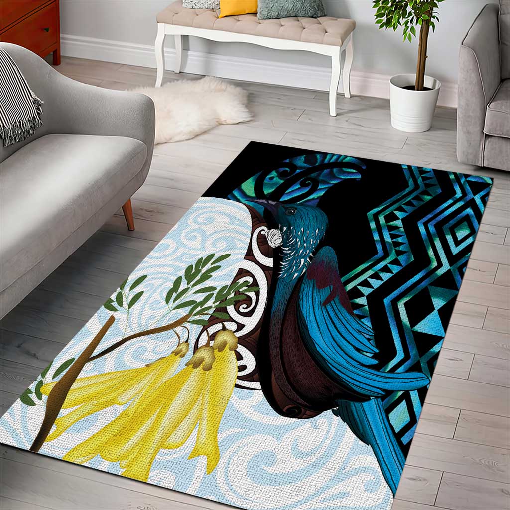 New Zealand Silver Fern Tui Bird Area Rug Maori Kowhai Paua Shell Taniko Motifs