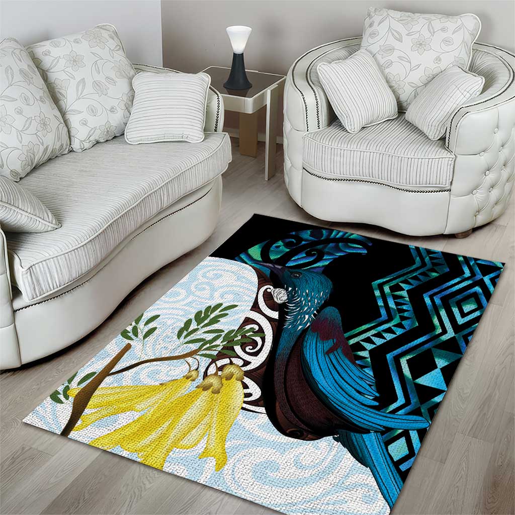 New Zealand Silver Fern Tui Bird Area Rug Maori Kowhai Paua Shell Taniko Motifs