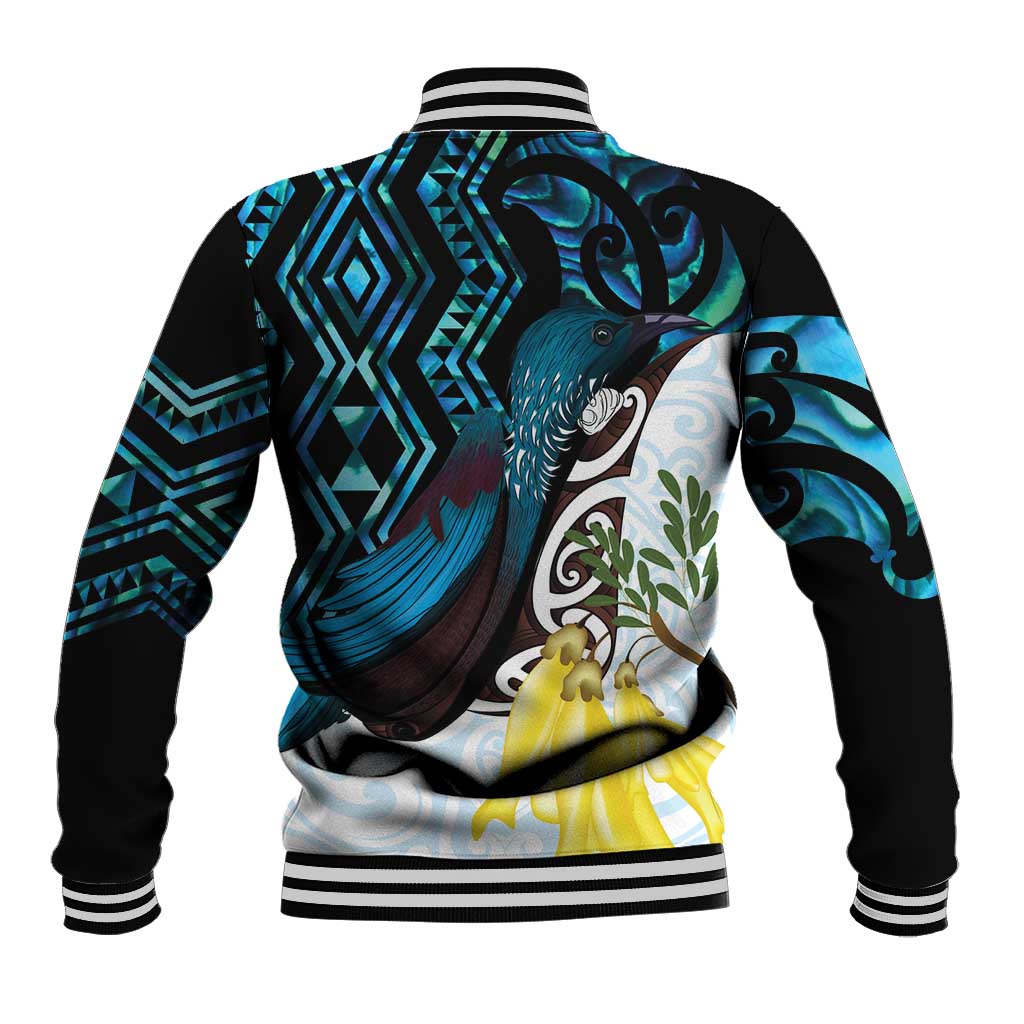 New Zealand Silver Fern Tui Bird Baseball Jacket Maori Kowhai Paua Shell Taniko Motifs