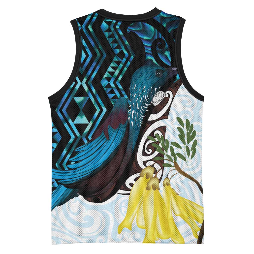New Zealand Silver Fern Tui Bird Basketball Jersey Maori Kowhai Paua Shell Taniko Motifs - Polynesian Pride