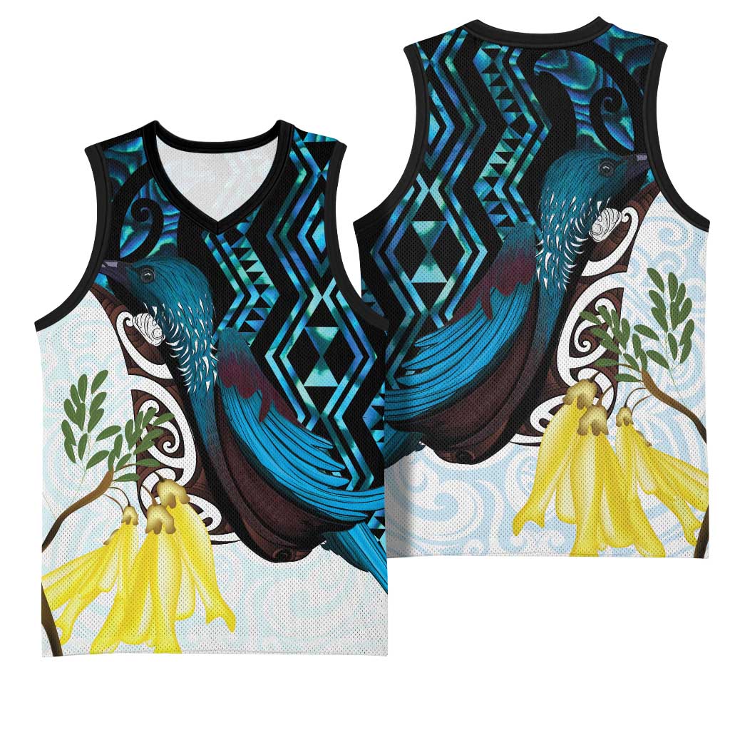 New Zealand Silver Fern Tui Bird Basketball Jersey Maori Kowhai Paua Shell Taniko Motifs - Polynesian Pride
