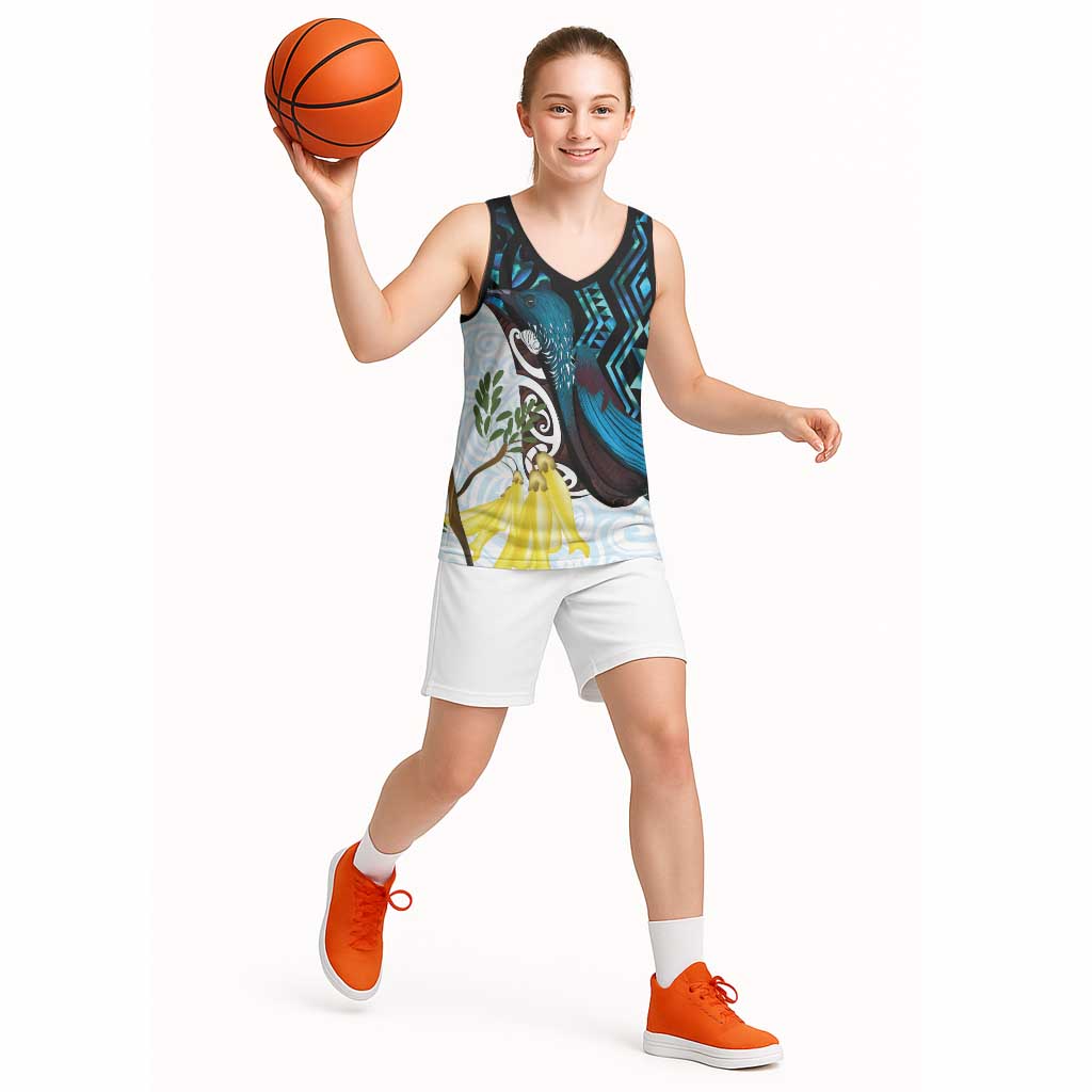 New Zealand Silver Fern Tui Bird Basketball Jersey Maori Kowhai Paua Shell Taniko Motifs - Polynesian Pride