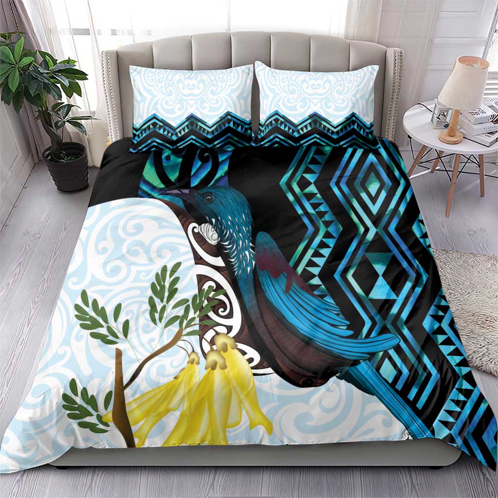 New Zealand Silver Fern Tui Bird Bedding Set Maori Kowhai Paua Shell Taniko Motifs
