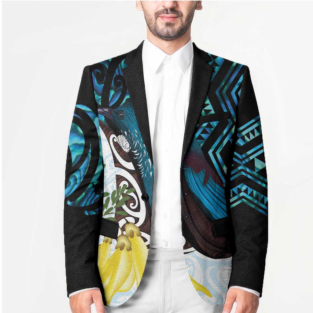 New Zealand Silver Fern Tui Bird Blazer Maori Kowhai Paua Shell Taniko Motifs - Polynesian Pride