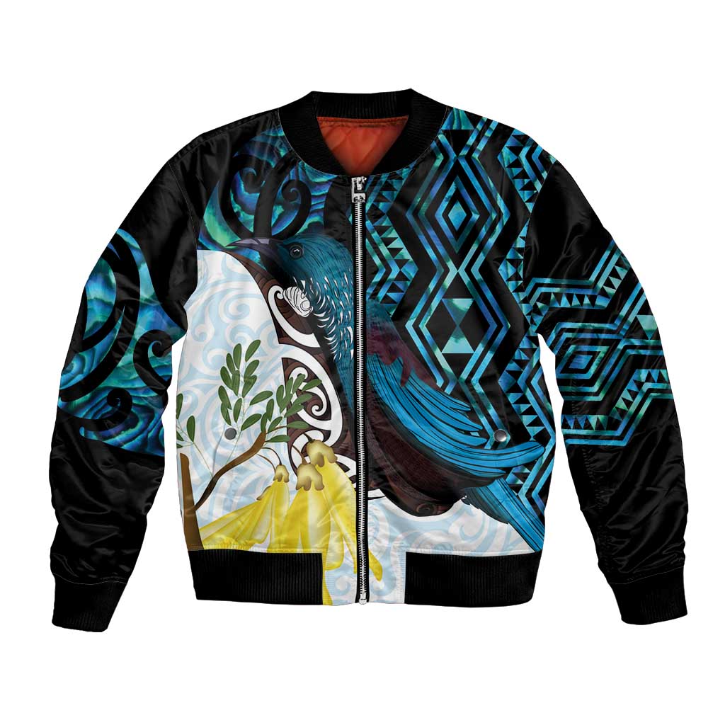 New Zealand Silver Fern Tui Bird Bomber Jacket Maori Kowhai Paua Shell Taniko Motifs