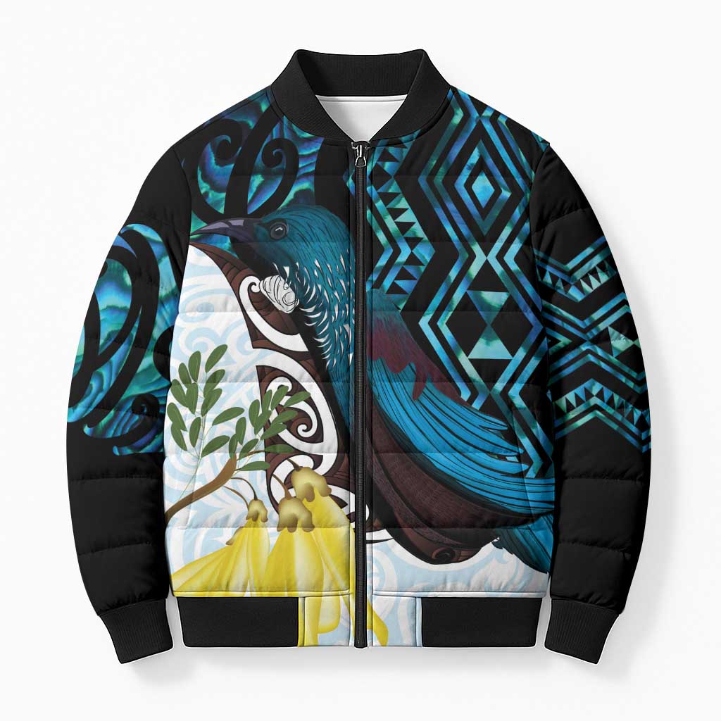 New Zealand Silver Fern Tui Bird Bomber Puffer Jacket Maori Kowhai Paua Shell Taniko Motifs - Polynesian Pride