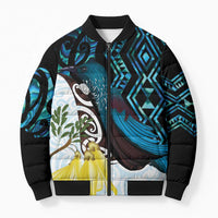 New Zealand Silver Fern Tui Bird Bomber Puffer Jacket Maori Kowhai Paua Shell Taniko Motifs - Polynesian Pride