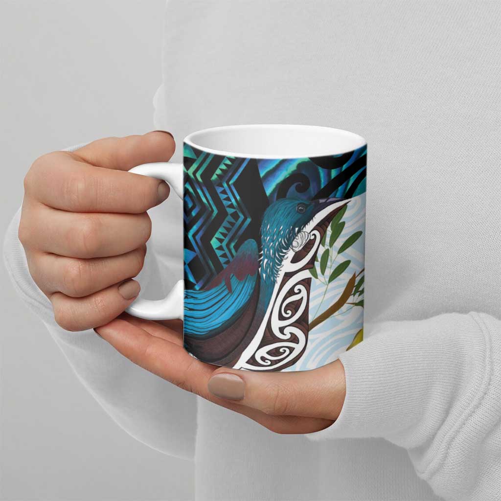 New Zealand Silver Fern Tui Bird Ceramic Mug Maori Kowhai Paua Shell Taniko Motifs - Polynesian Pride