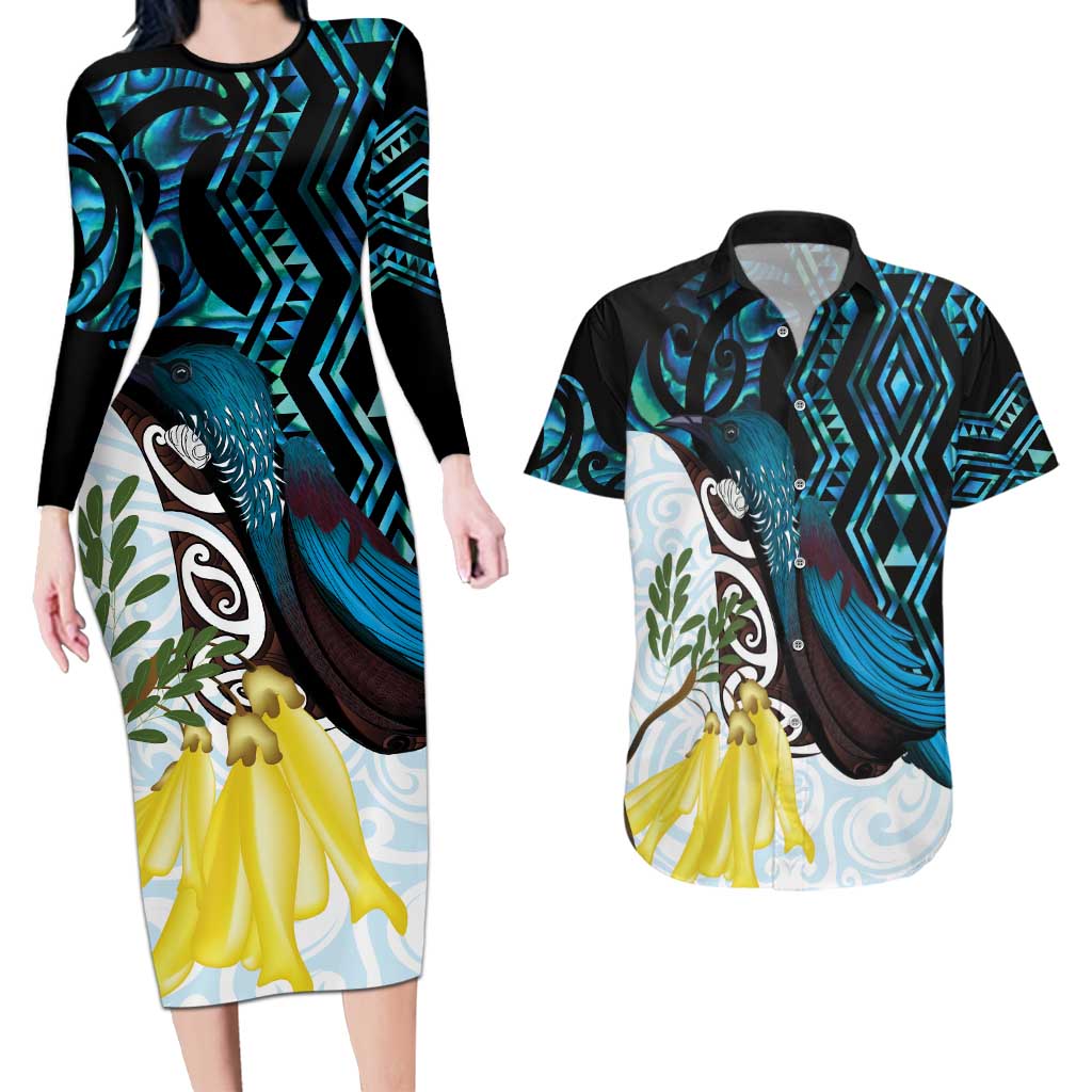 New Zealand Silver Fern Tui Bird Couples Matching Long Sleeve Bodycon Dress and Hawaiian Shirt Maori Kowhai Paua Shell Taniko Motifs
