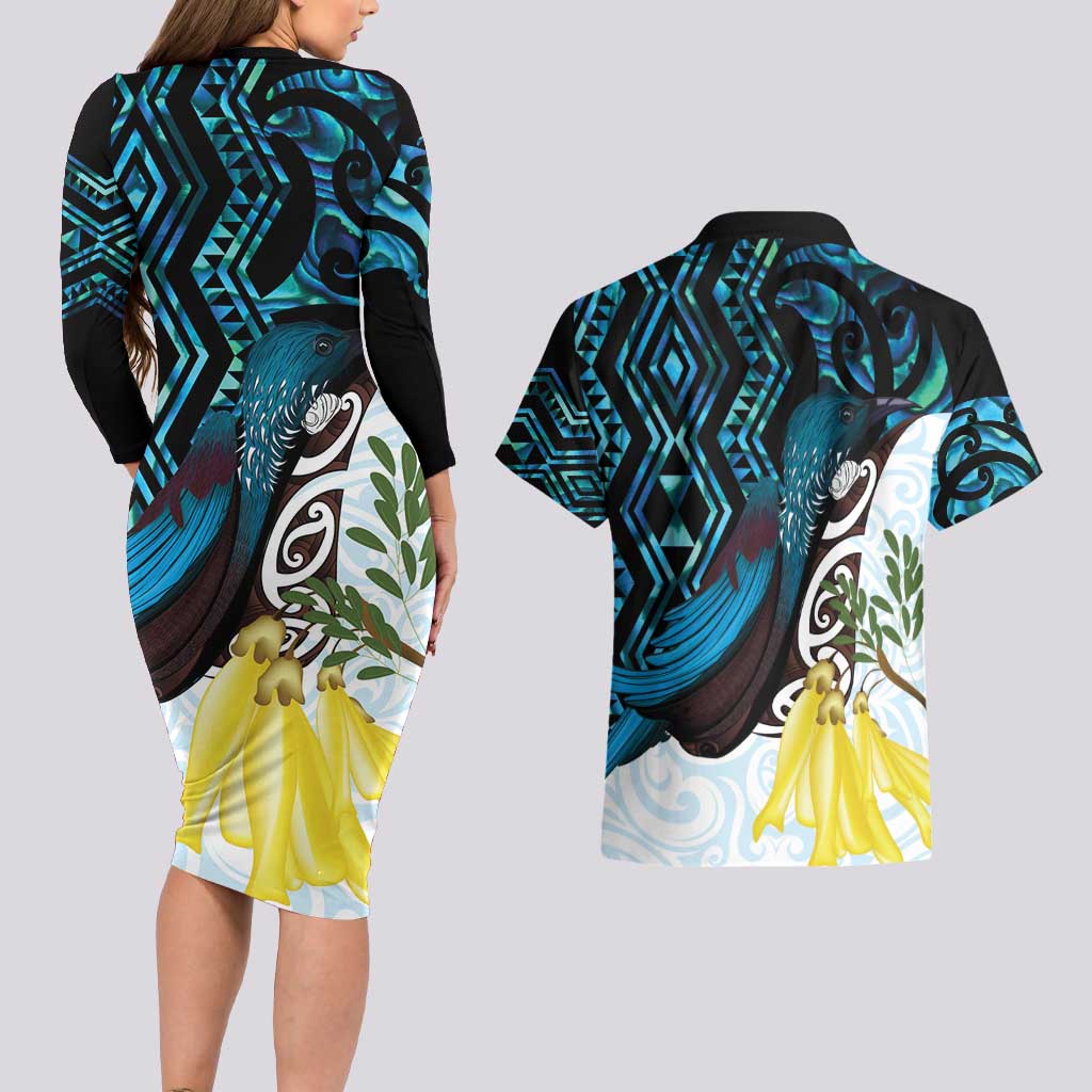 New Zealand Silver Fern Tui Bird Couples Matching Long Sleeve Bodycon Dress and Hawaiian Shirt Maori Kowhai Paua Shell Taniko Motifs