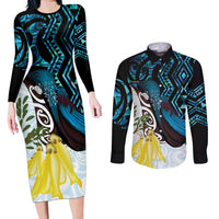 New Zealand Silver Fern Tui Bird Couples Matching Long Sleeve Bodycon Dress and Long Sleeve Button Shirt Maori Kowhai Paua Shell Taniko Motifs