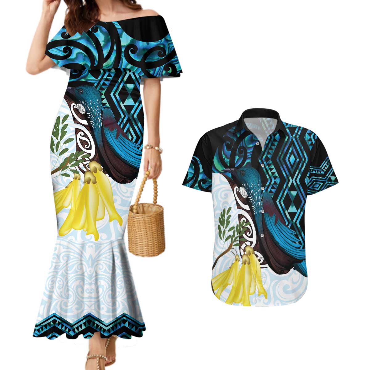 New Zealand Silver Fern Tui Bird Couples Matching Mermaid Dress and Hawaiian Shirt Maori Kowhai Paua Shell Taniko Motifs