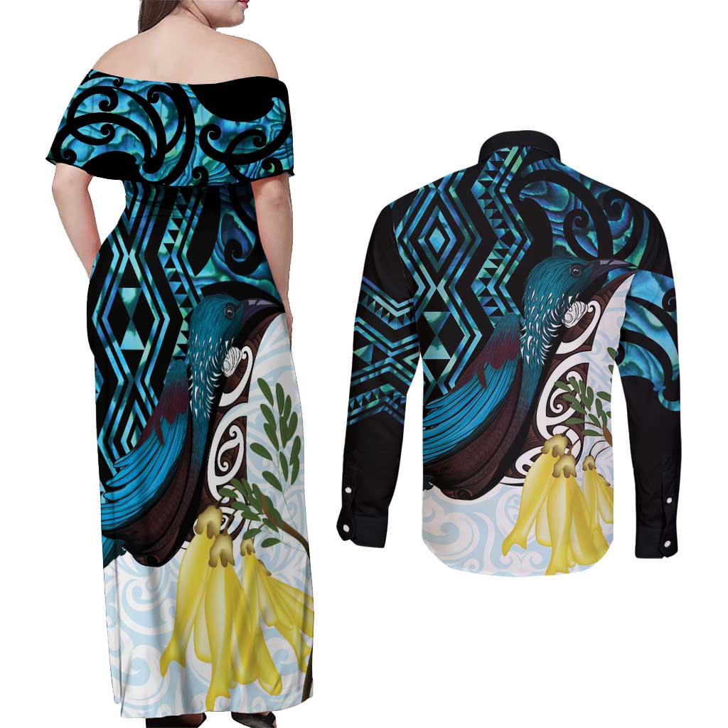 New Zealand Silver Fern Tui Bird Couples Matching Off Shoulder Maxi Dress and Long Sleeve Button Shirt Maori Kowhai Paua Shell Taniko Motifs