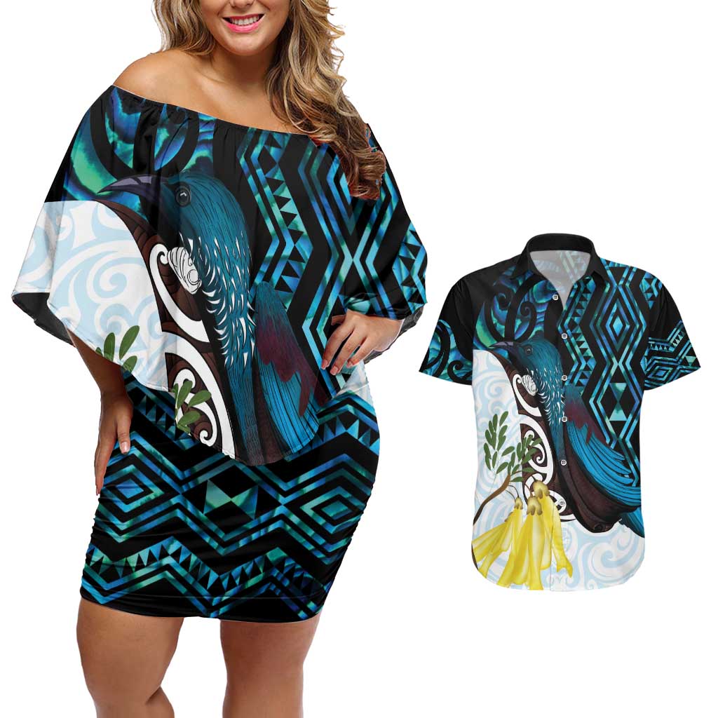 New Zealand Silver Fern Tui Bird Couples Matching Off Shoulder Short Dress and Hawaiian Shirt Maori Kowhai Paua Shell Taniko Motifs