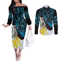 New Zealand Silver Fern Tui Bird Couples Matching Off The Shoulder Long Sleeve Dress and Long Sleeve Button Shirt Maori Kowhai Paua Shell Taniko Motifs
