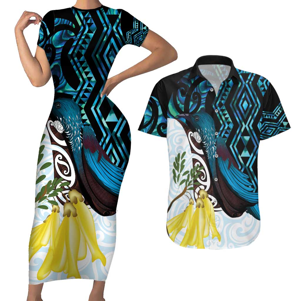 New Zealand Silver Fern Tui Bird Couples Matching Short Sleeve Bodycon Dress and Hawaiian Shirt Maori Kowhai Paua Shell Taniko Motifs