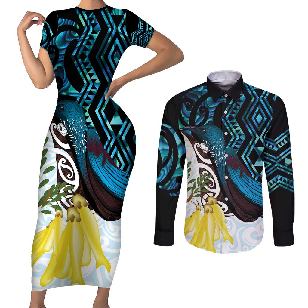 New Zealand Silver Fern Tui Bird Couples Matching Short Sleeve Bodycon Dress and Long Sleeve Button Shirt Maori Kowhai Paua Shell Taniko Motifs