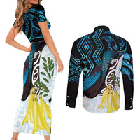 New Zealand Silver Fern Tui Bird Couples Matching Short Sleeve Bodycon Dress and Long Sleeve Button Shirt Maori Kowhai Paua Shell Taniko Motifs