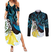 New Zealand Silver Fern Tui Bird Couples Matching Summer Maxi Dress and Long Sleeve Button Shirt Maori Kowhai Paua Shell Taniko Motifs