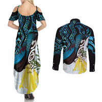 New Zealand Silver Fern Tui Bird Couples Matching Summer Maxi Dress and Long Sleeve Button Shirt Maori Kowhai Paua Shell Taniko Motifs