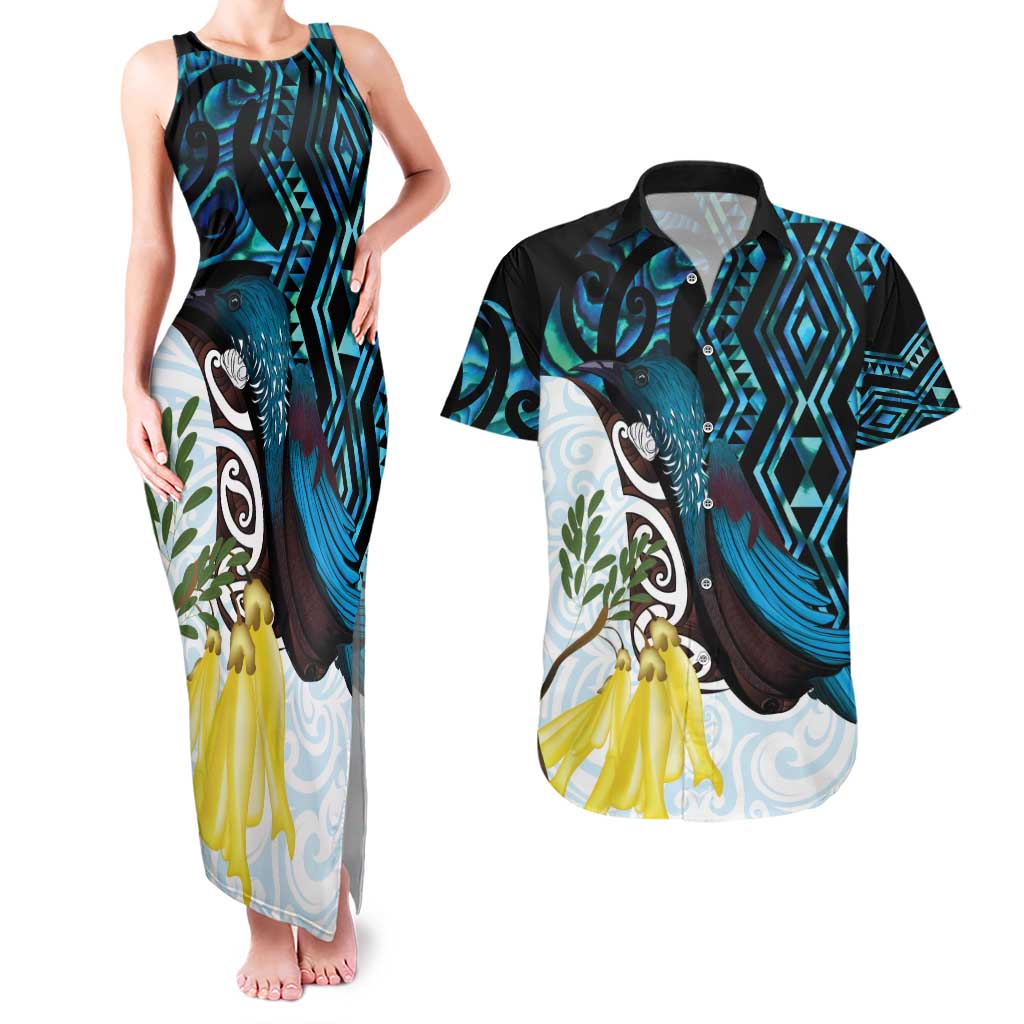 New Zealand Silver Fern Tui Bird Couples Matching Tank Maxi Dress and Hawaiian Shirt Maori Kowhai Paua Shell Taniko Motifs