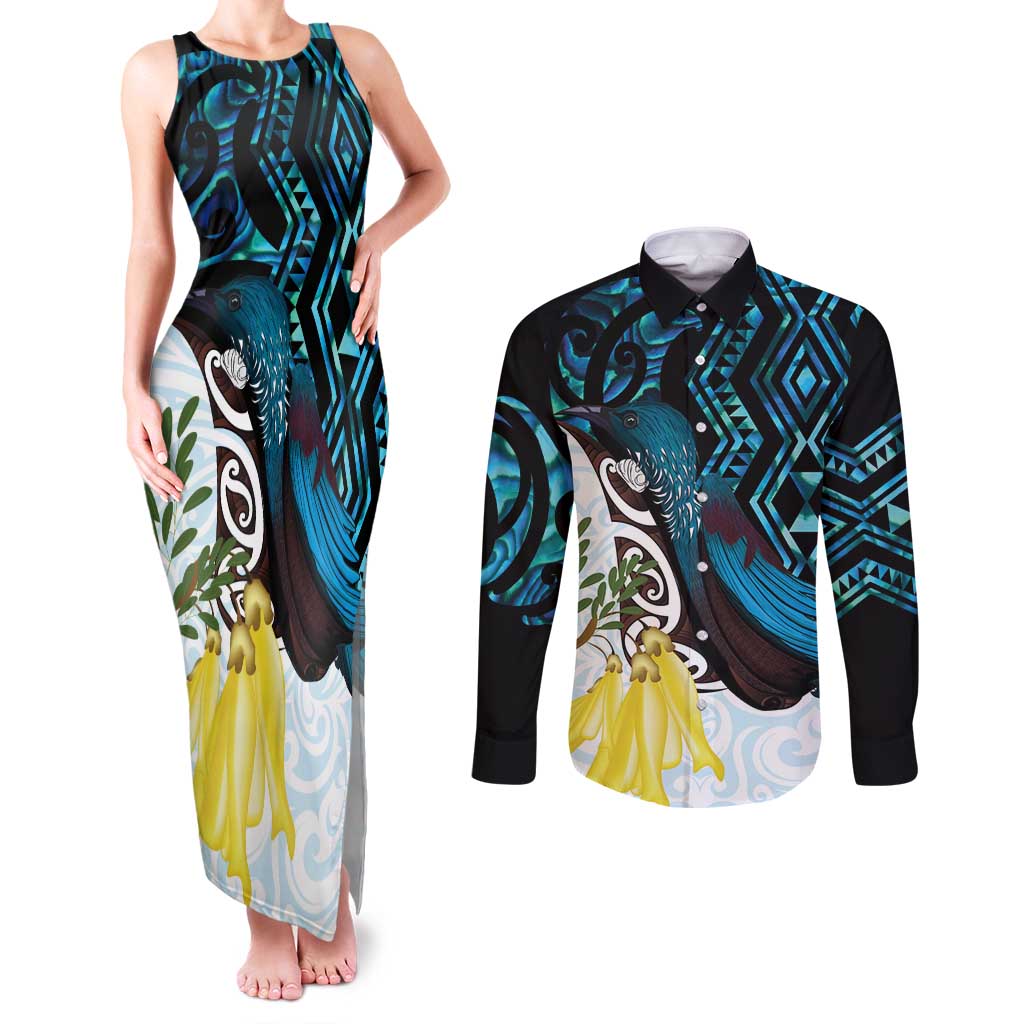 New Zealand Silver Fern Tui Bird Couples Matching Tank Maxi Dress and Long Sleeve Button Shirt Maori Kowhai Paua Shell Taniko Motifs