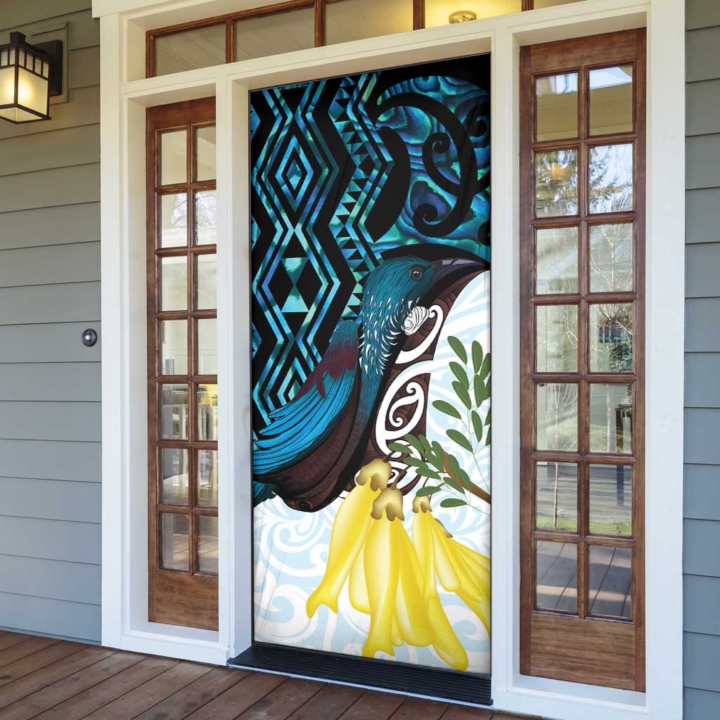 New Zealand Silver Fern Tui Bird Door Cover Maori Kowhai Paua Shell Taniko Motifs - Polynesian Pride