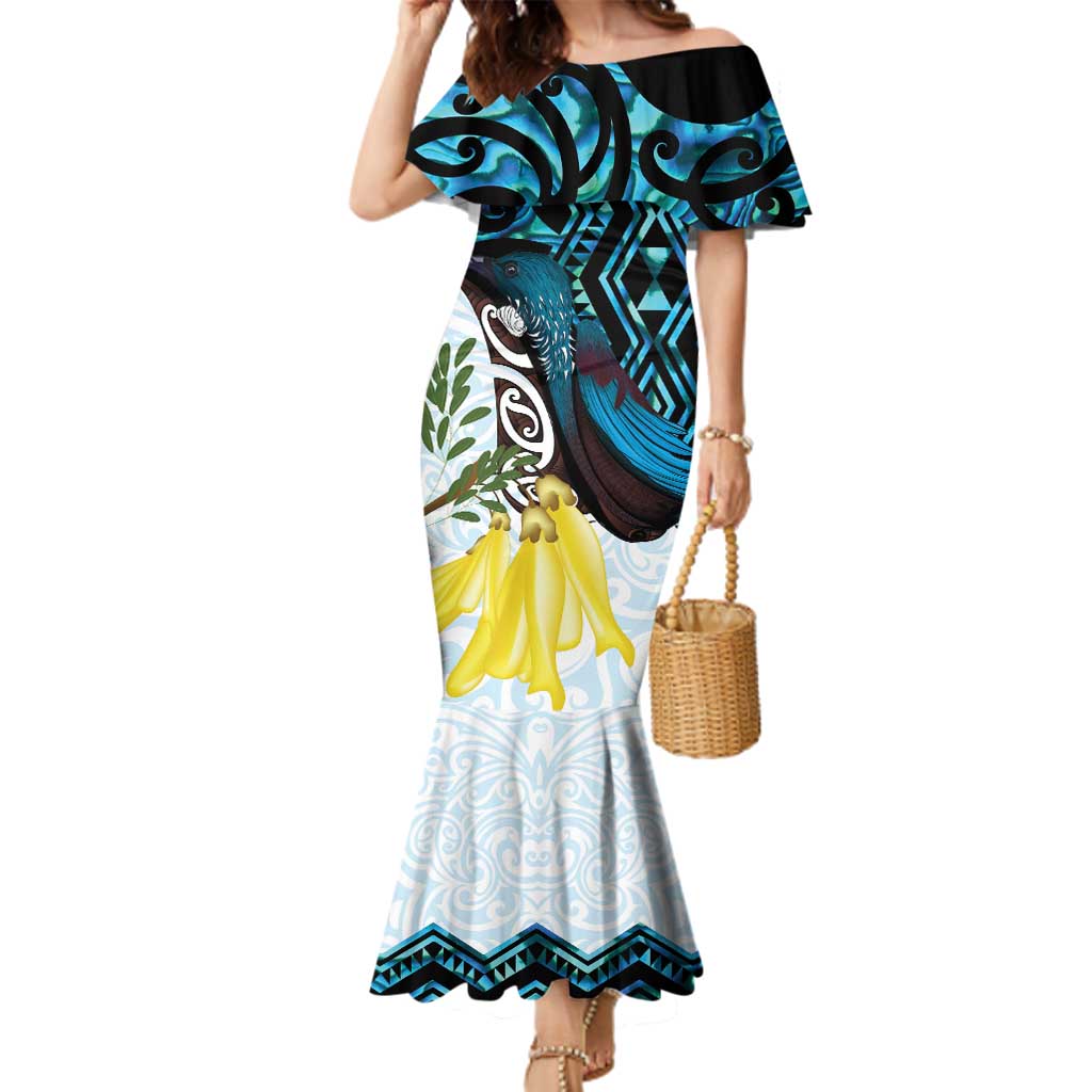 New Zealand Silver Fern Tui Bird Family Matching Mermaid Dress and Hawaiian Shirt Maori Kowhai Paua Shell Taniko Motifs