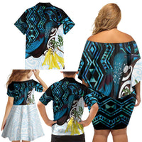 New Zealand Silver Fern Tui Bird Family Matching Off Shoulder Short Dress and Hawaiian Shirt Maori Kowhai Paua Shell Taniko Motifs