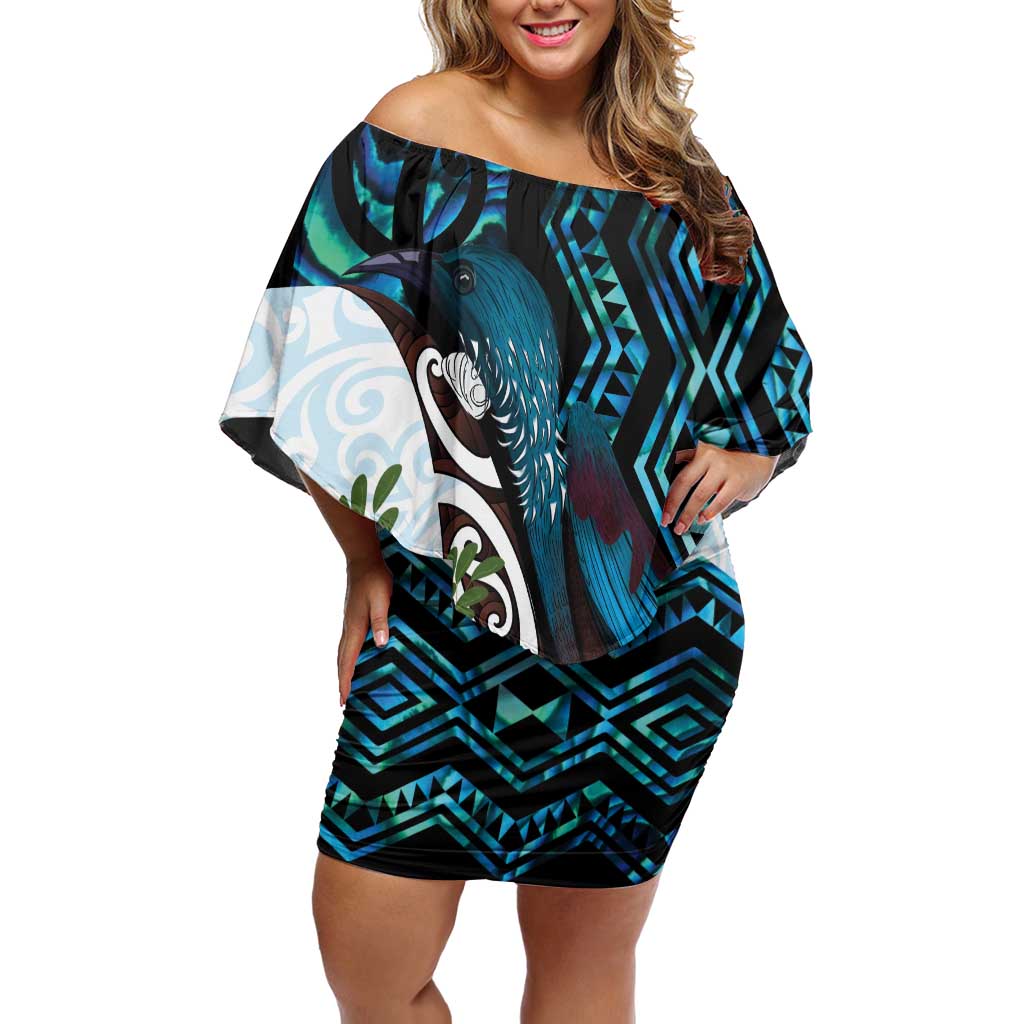 New Zealand Silver Fern Tui Bird Family Matching Off Shoulder Short Dress and Hawaiian Shirt Maori Kowhai Paua Shell Taniko Motifs