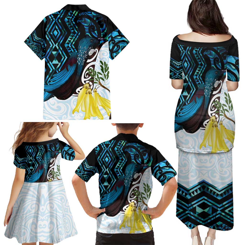 New Zealand Silver Fern Tui Bird Family Matching Puletasi and Hawaiian Shirt Maori Kowhai Paua Shell Taniko Motifs