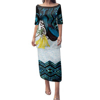 New Zealand Silver Fern Tui Bird Family Matching Puletasi and Hawaiian Shirt Maori Kowhai Paua Shell Taniko Motifs