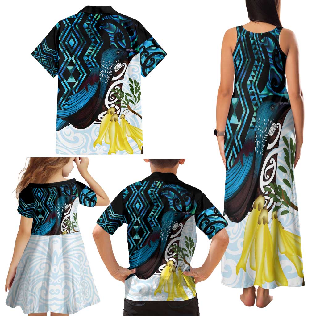 New Zealand Silver Fern Tui Bird Family Matching Tank Maxi Dress and Hawaiian Shirt Maori Kowhai Paua Shell Taniko Motifs