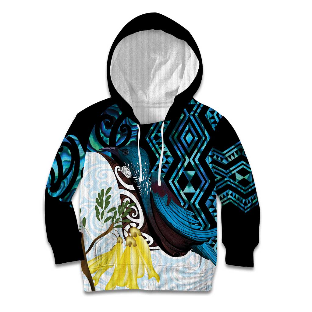 New Zealand Silver Fern Tui Bird Kid Hoodie Maori Kowhai Paua Shell Taniko Motifs