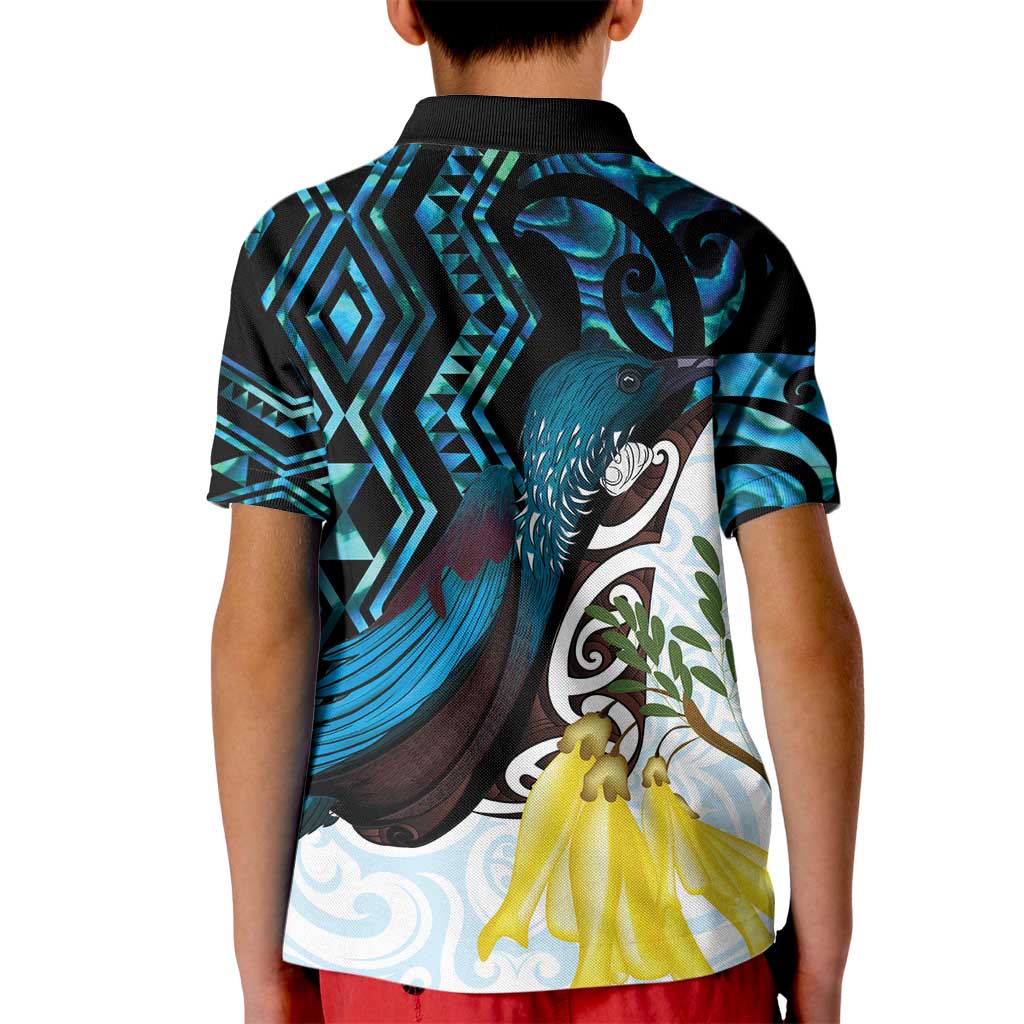 New Zealand Silver Fern Tui Bird Kid Polo Shirt Maori Kowhai Paua Shell Taniko Motifs