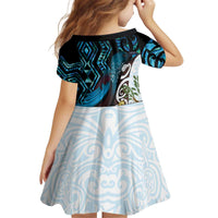 New Zealand Silver Fern Tui Bird Kid Short Sleeve Dress Maori Kowhai Paua Shell Taniko Motifs