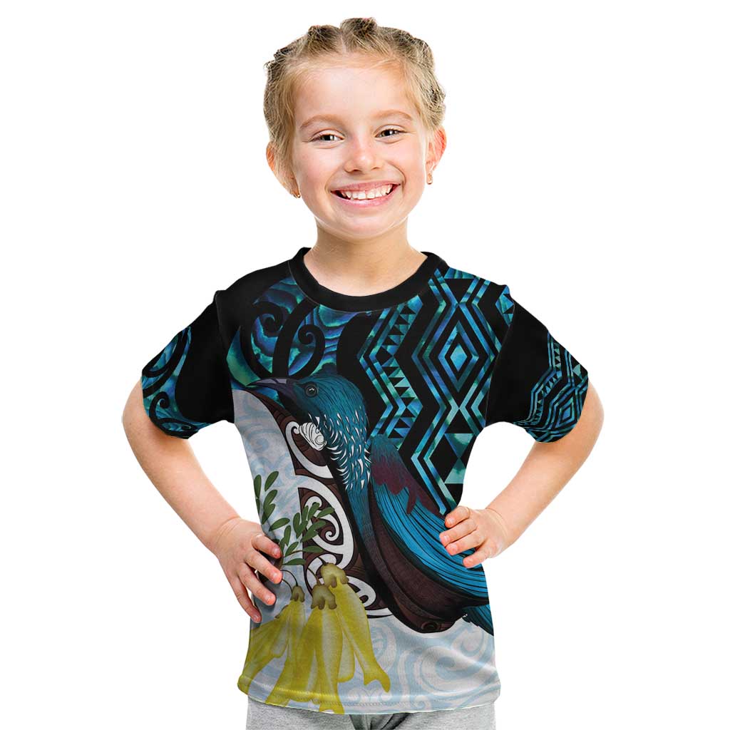 New Zealand Silver Fern Tui Bird Kid T Shirt Maori Kowhai Paua Shell Taniko Motifs