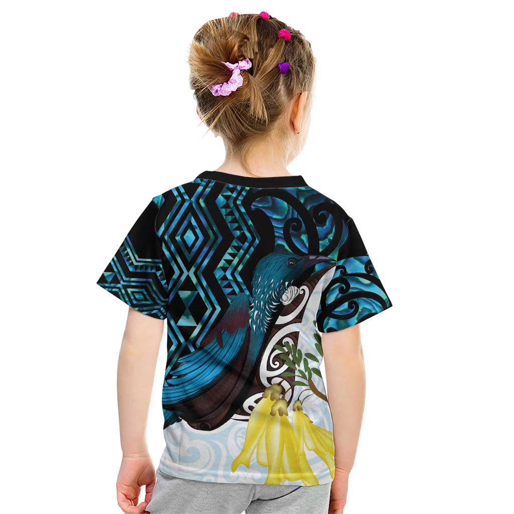 New Zealand Silver Fern Tui Bird Kid T Shirt Maori Kowhai Paua Shell Taniko Motifs