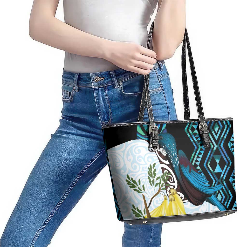 New Zealand Silver Fern Tui Bird Leather Tote Bag Maori Kowhai Paua Shell Taniko Motifs