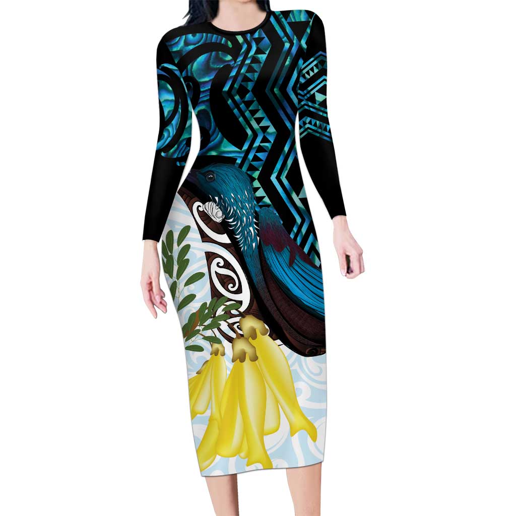New Zealand Silver Fern Tui Bird Long Sleeve Bodycon Dress Maori Kowhai Paua Shell Taniko Motifs