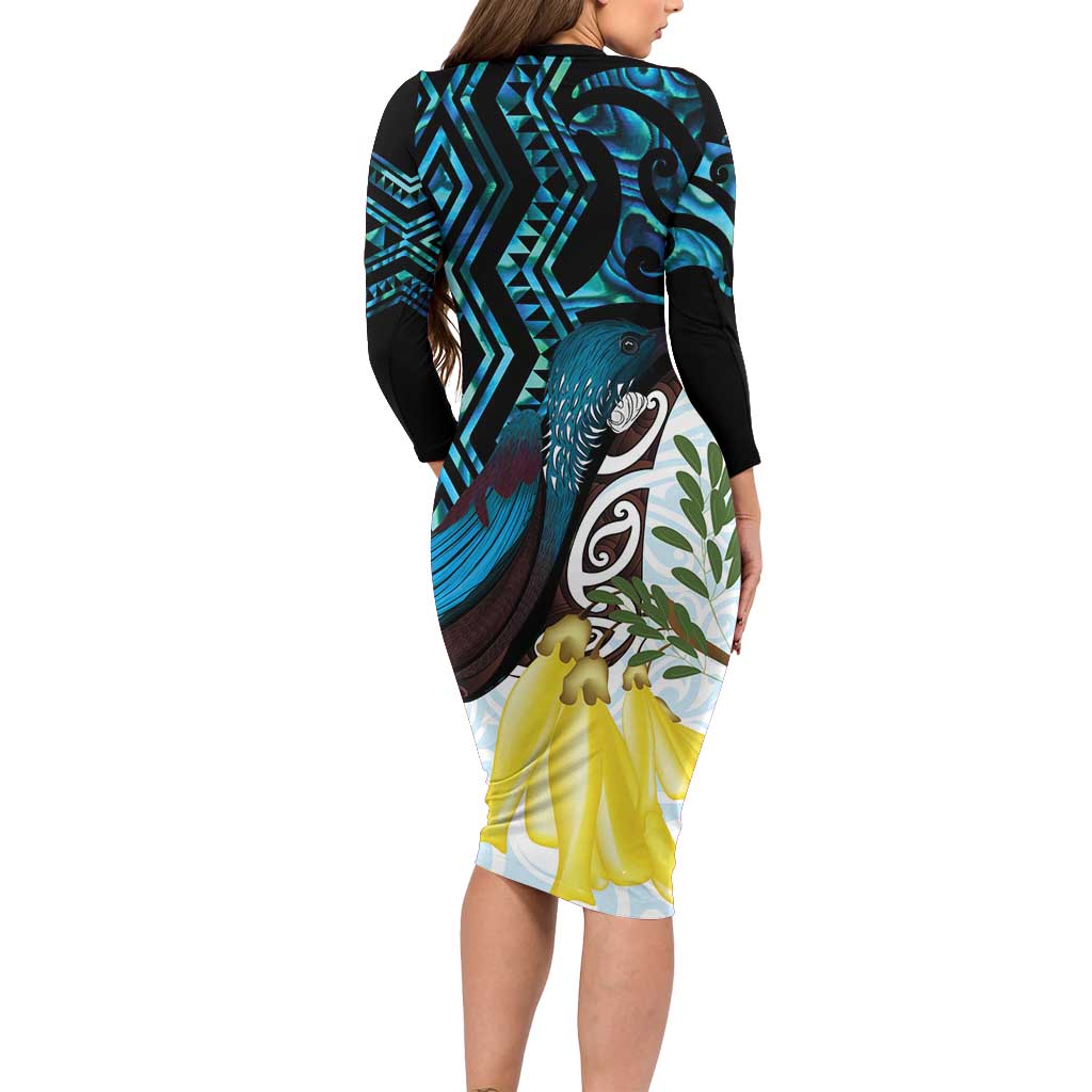 New Zealand Silver Fern Tui Bird Long Sleeve Bodycon Dress Maori Kowhai Paua Shell Taniko Motifs